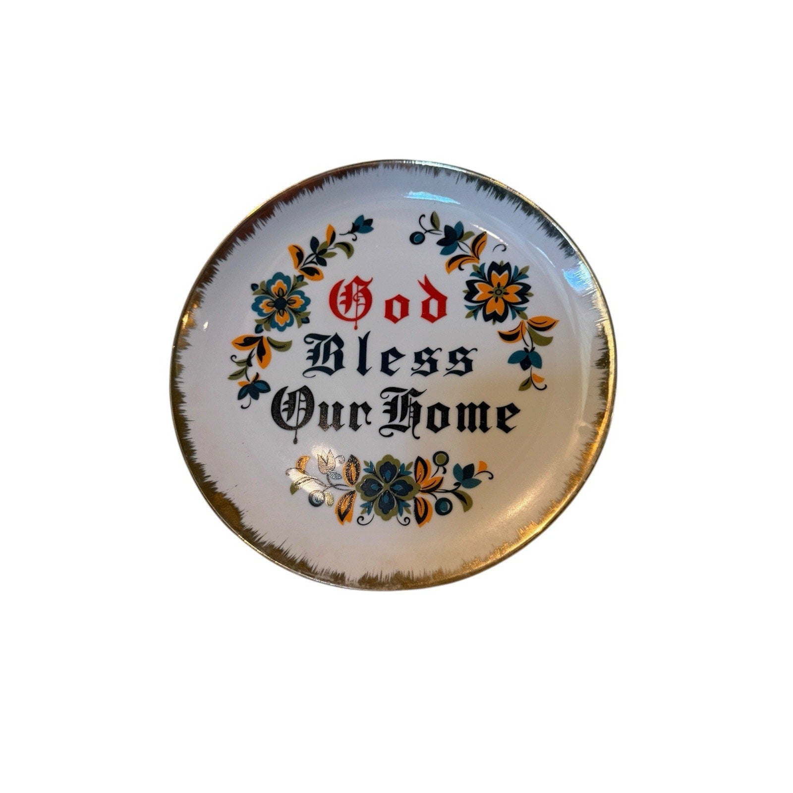 Vintage MCM Unmarked Kitschy "God Bless Our Home" Hanging Plate