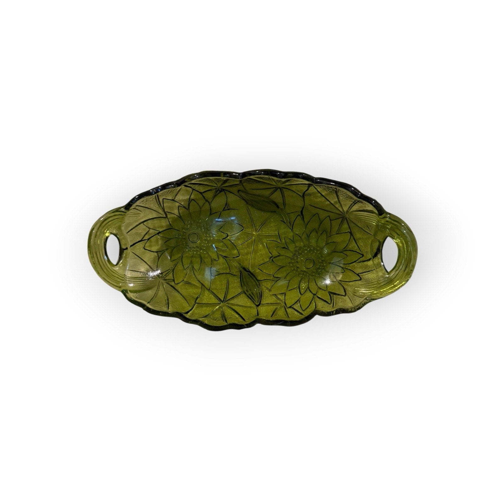 Vintage 1960s Indiana Glass Lily Pon Avocado Green Relish Dish Handles Flowers