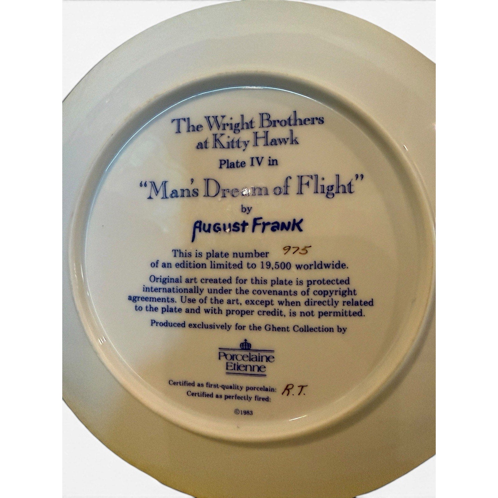 Porcelaine Etienne Ghent Wright Brothers Aviation Limited Edition Plate