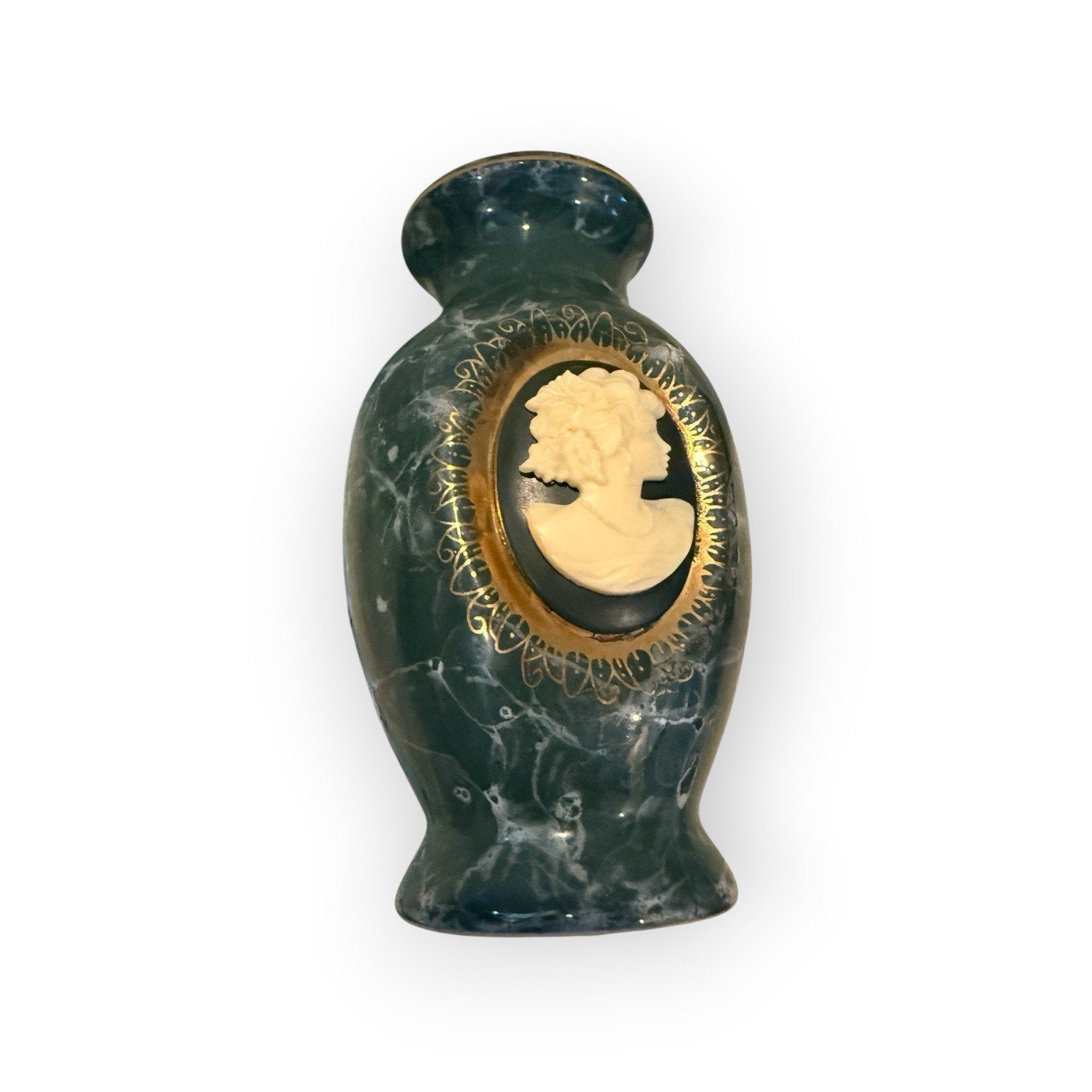 Japanese Ceramic Vase 3D Cameo Marbled Green Gold Gilded Small 5.5" x 3" Vintage