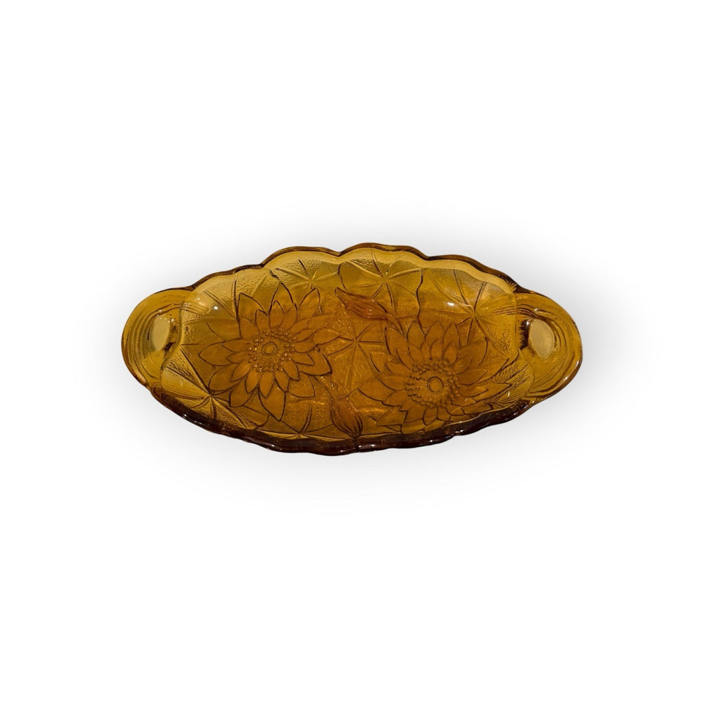 Vintage Indiana Glass Lily Pads Amber Pickle Dish 9 1/2