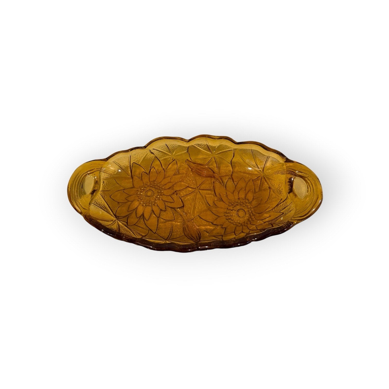 Vintage Indiana Glass Lily Pads Amber Pickle Dish 9 1/2
