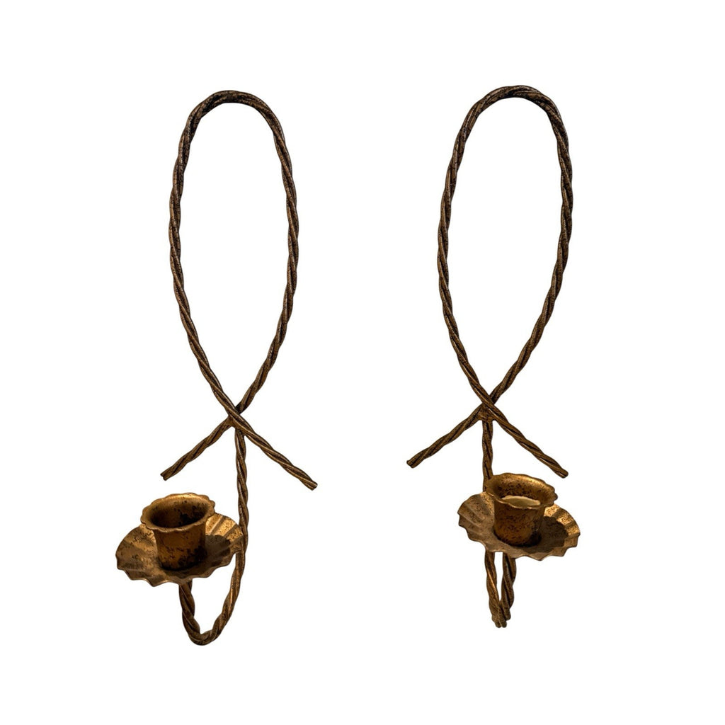 Gold Twisted Rope Candle Sconces Metal Wall Set (2) HOMCO Home Interior USA 12"