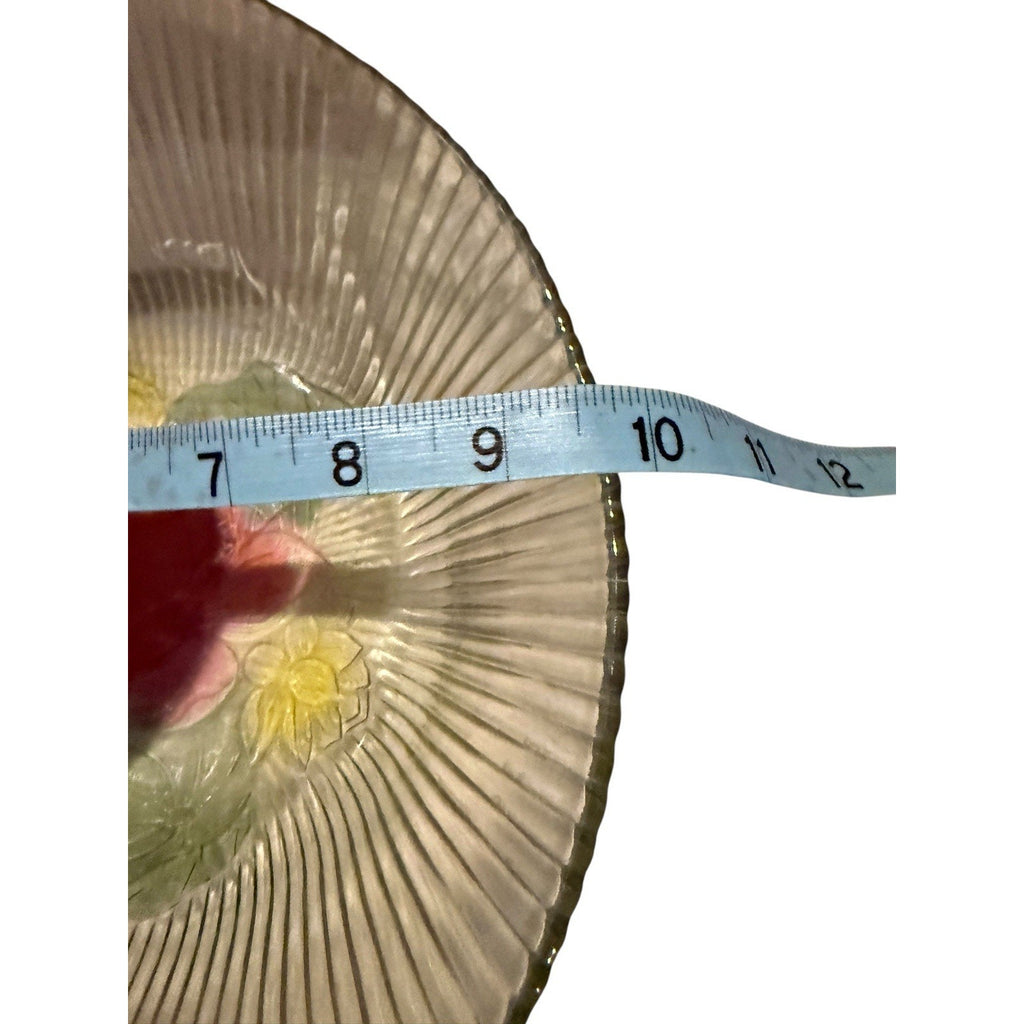 Ribbed Glass Fruit Bowl with Colored Flowers on the Bottom ~ 9.5"