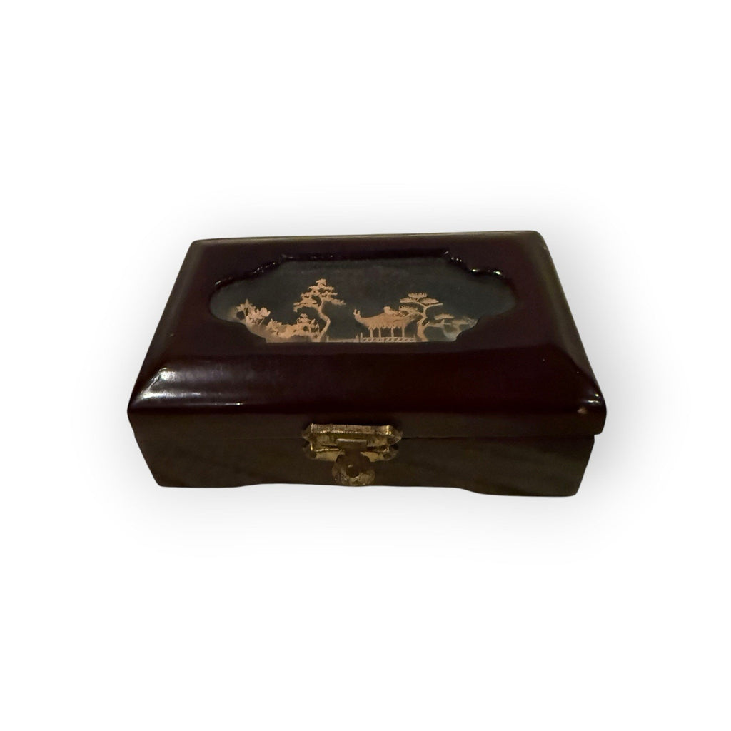 Chinese Handmade Wooden Box Scenic Motif Red Lined Interior 5.5 x 3 x 2 in