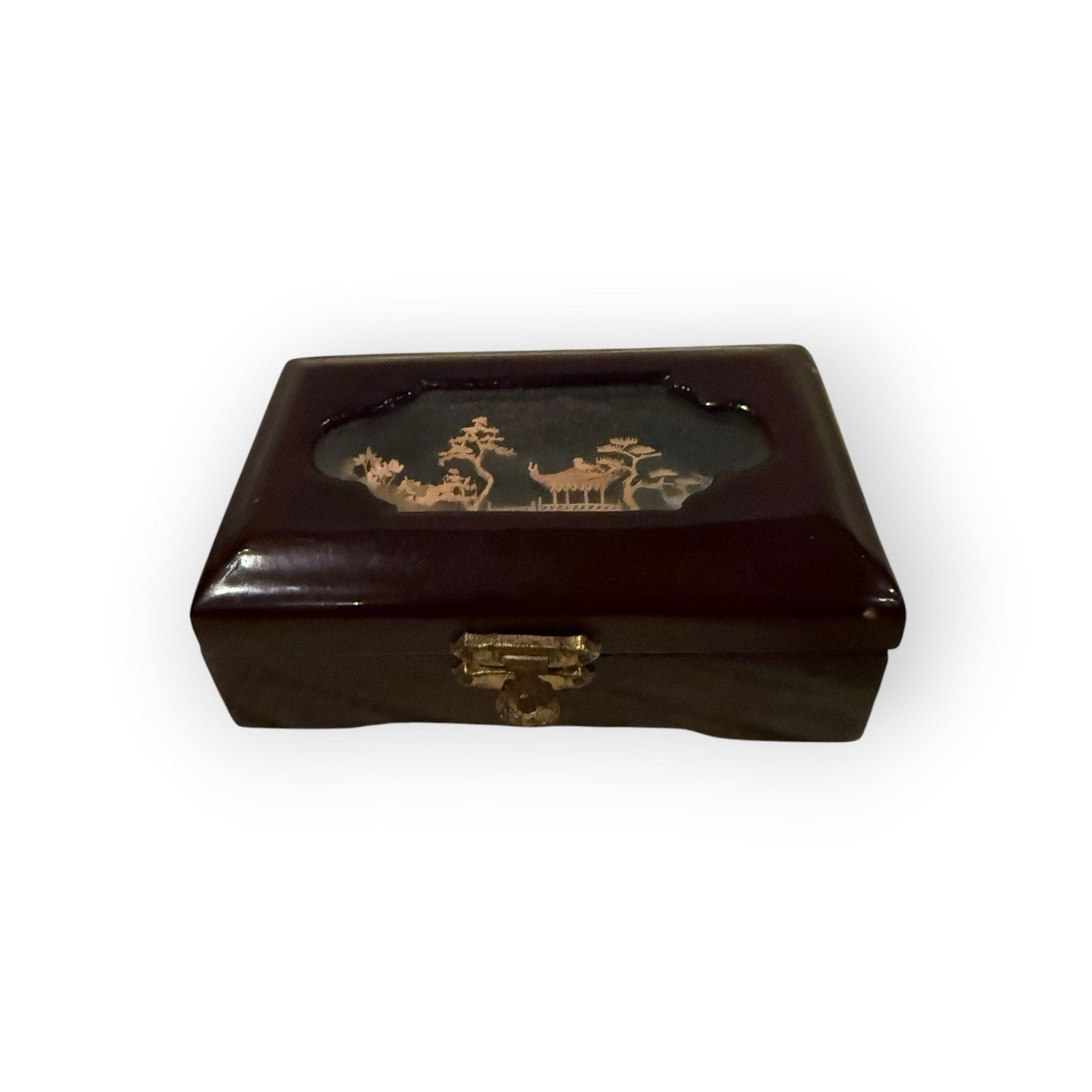 Chinese Handmade Wooden Box Scenic Motif Red Lined Interior 5.5 x 3 x 2 in