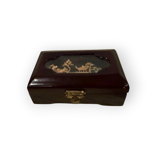 Chinese Handmade Wooden Box Scenic Motif Red Lined Interior 5.5 x 3 x 2 in