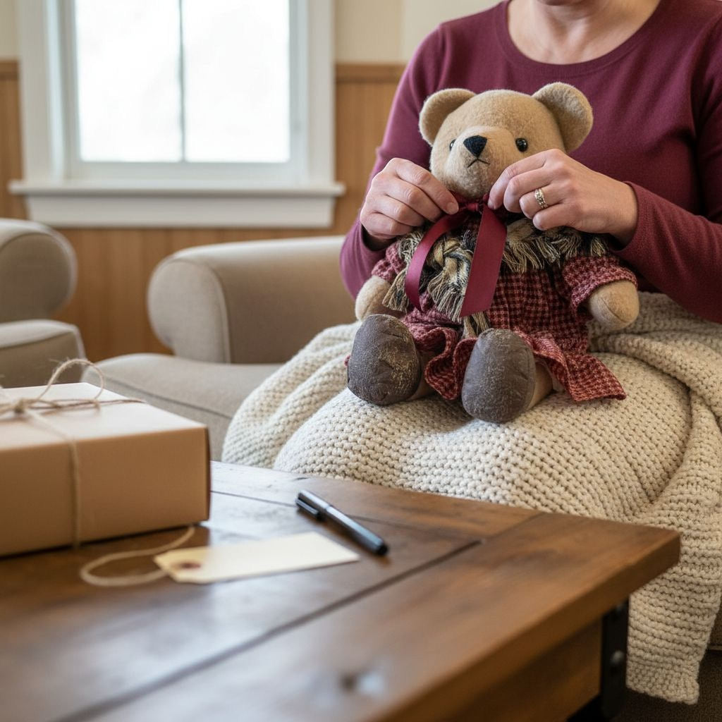 A person is sitting on a couch, holding a teddy bear with a red bow around its neck.