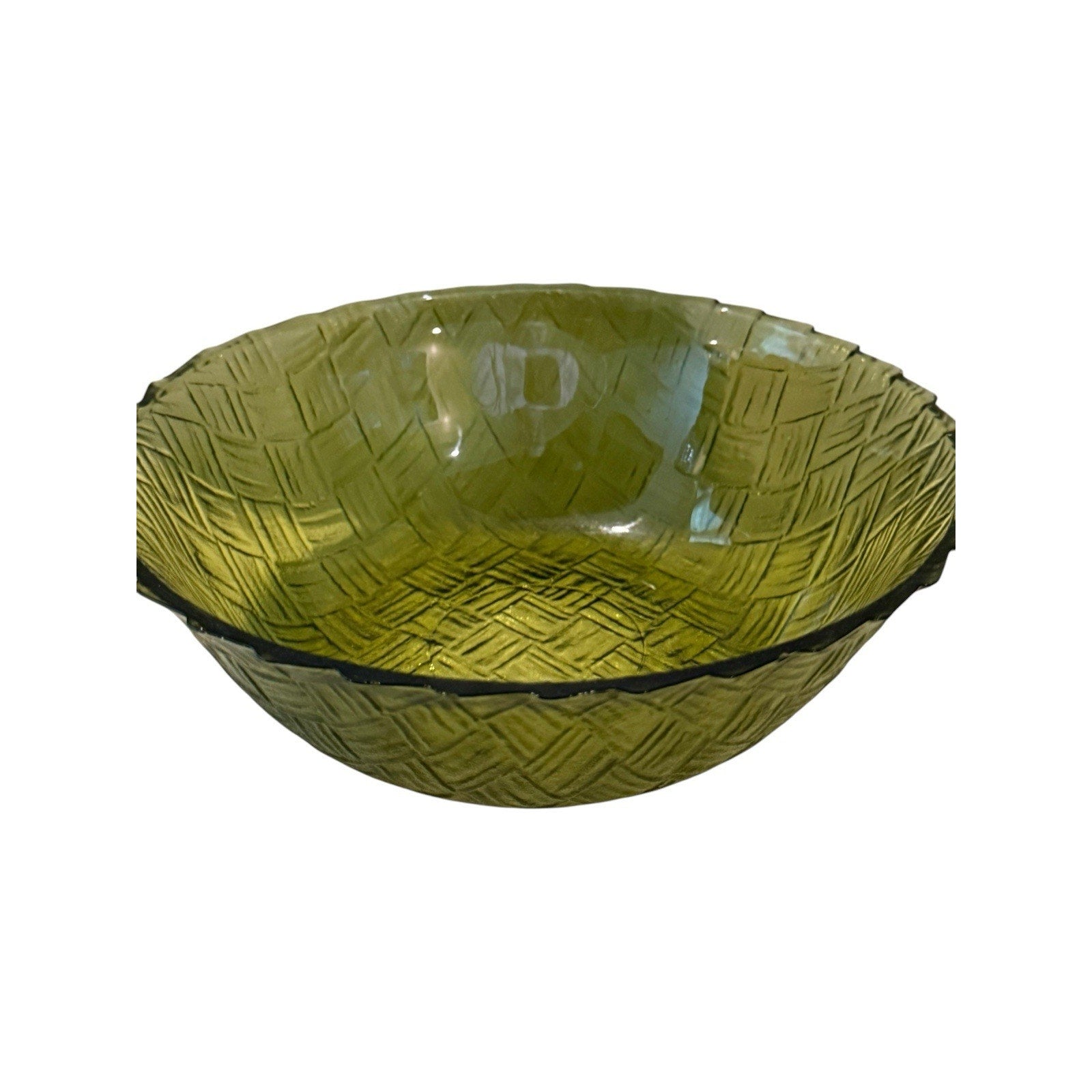 Indiana Glass basket weave bowl in avocado green. 9 Inches Wide
