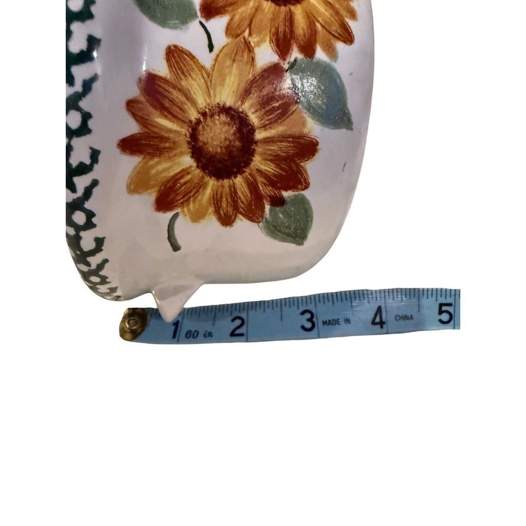 VTG Soup Crock Sunflowers Spongeware Green Handled Lidded Chili Dish Single