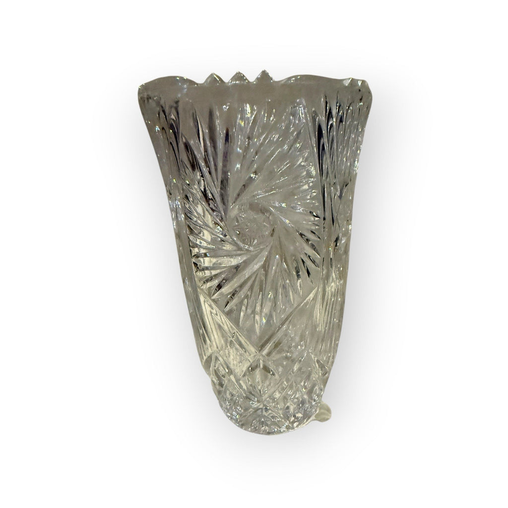 7 1/4” CLEAR CUT CRYSTAL VASE , SAW TOOTH RIM, Heavy, No Chips Or Cracks. EUC