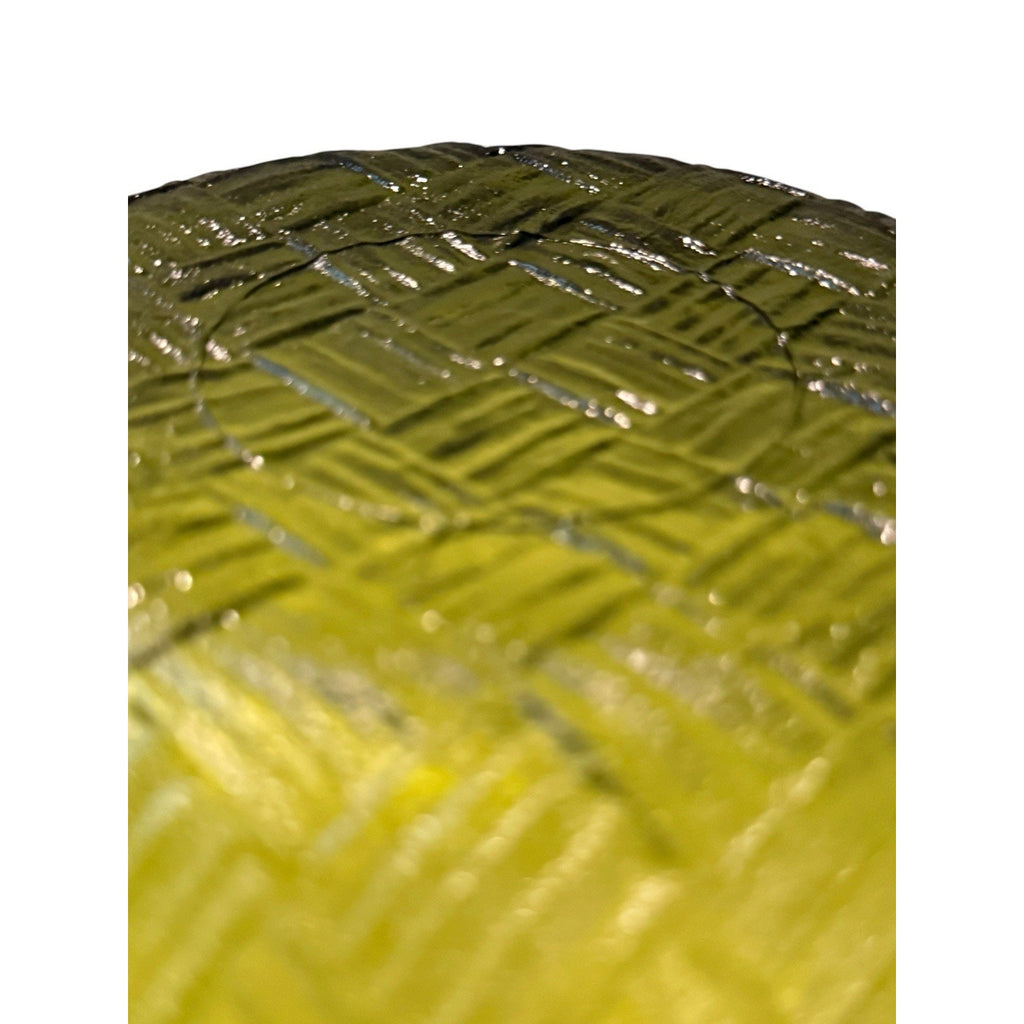 Indiana Glass basket weave bowl in avocado green. 9 Inches Wide
