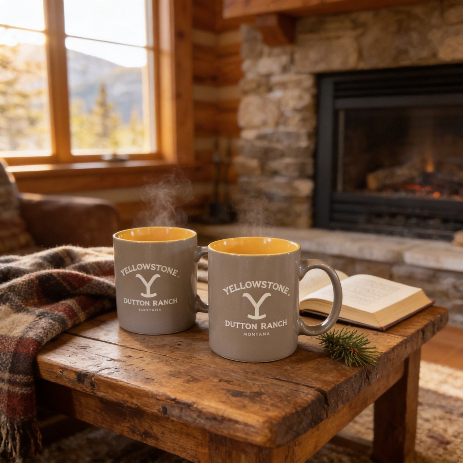 Yellowstone Coffee Mug Pair – Dutton Ranch Ceramic Set With Orange Interior