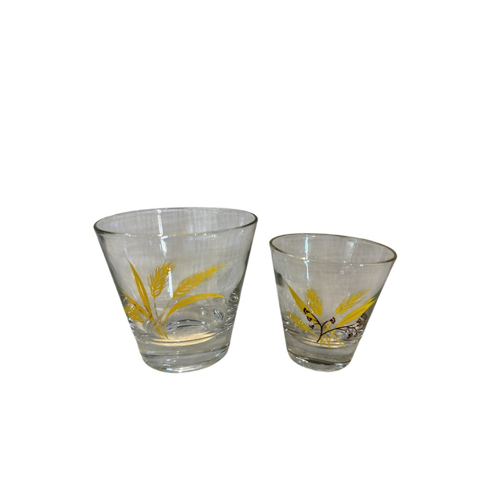 MCM Homer Laughlin Whiskey & Shot Glass Yellow Brown Gold Rim Wheat Design 2 pcs
