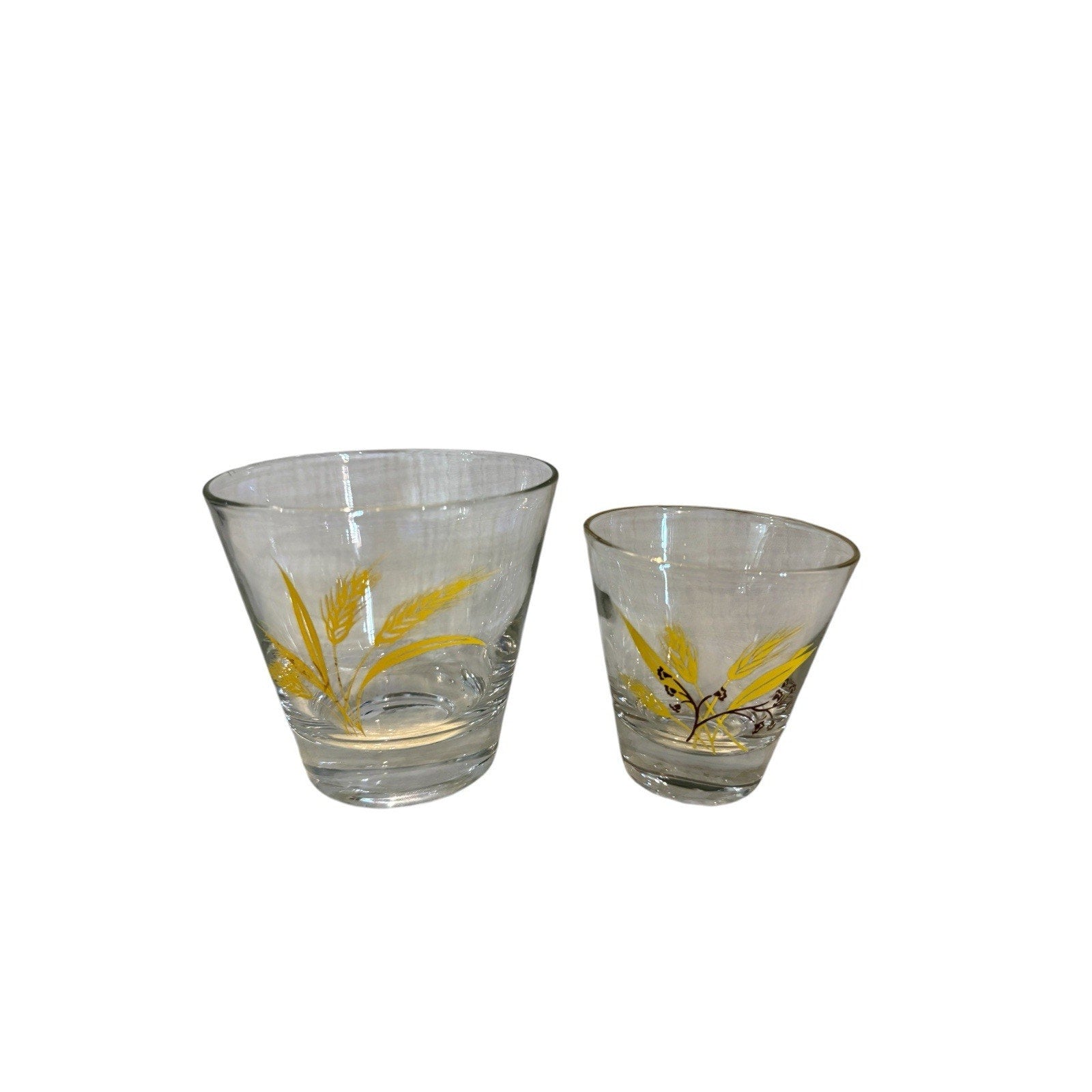 MCM Homer Laughlin Whiskey & Shot Glass Yellow Brown Gold Rim Wheat Design 2 pcs
