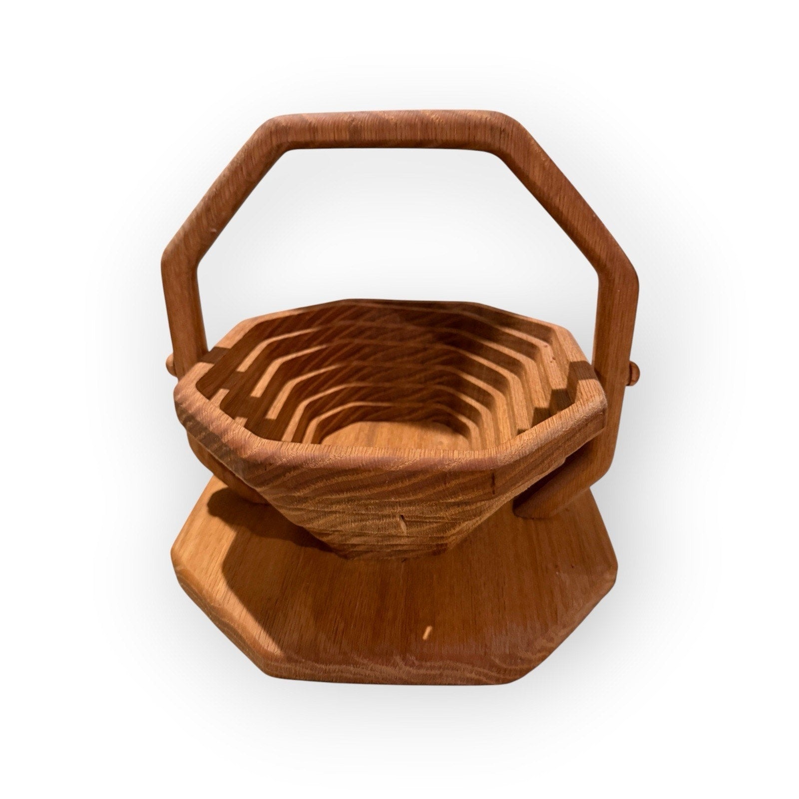 Octagonal Wooden Collapsible Candy Basket Wood Trivet Dish Bowl w/handle 7.25”