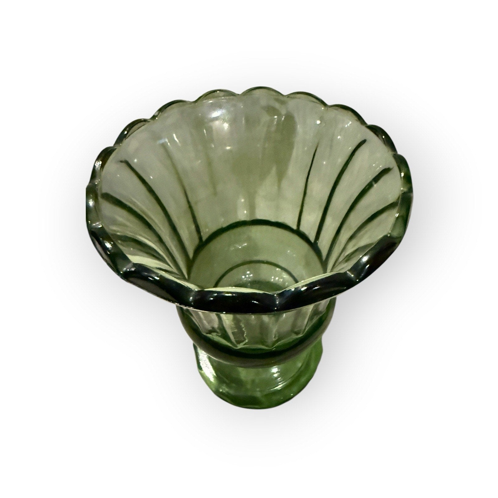 Vintage Avocado Glass Vase 6” tall Ribbed Pedestal Scalloped Edge Round ES051