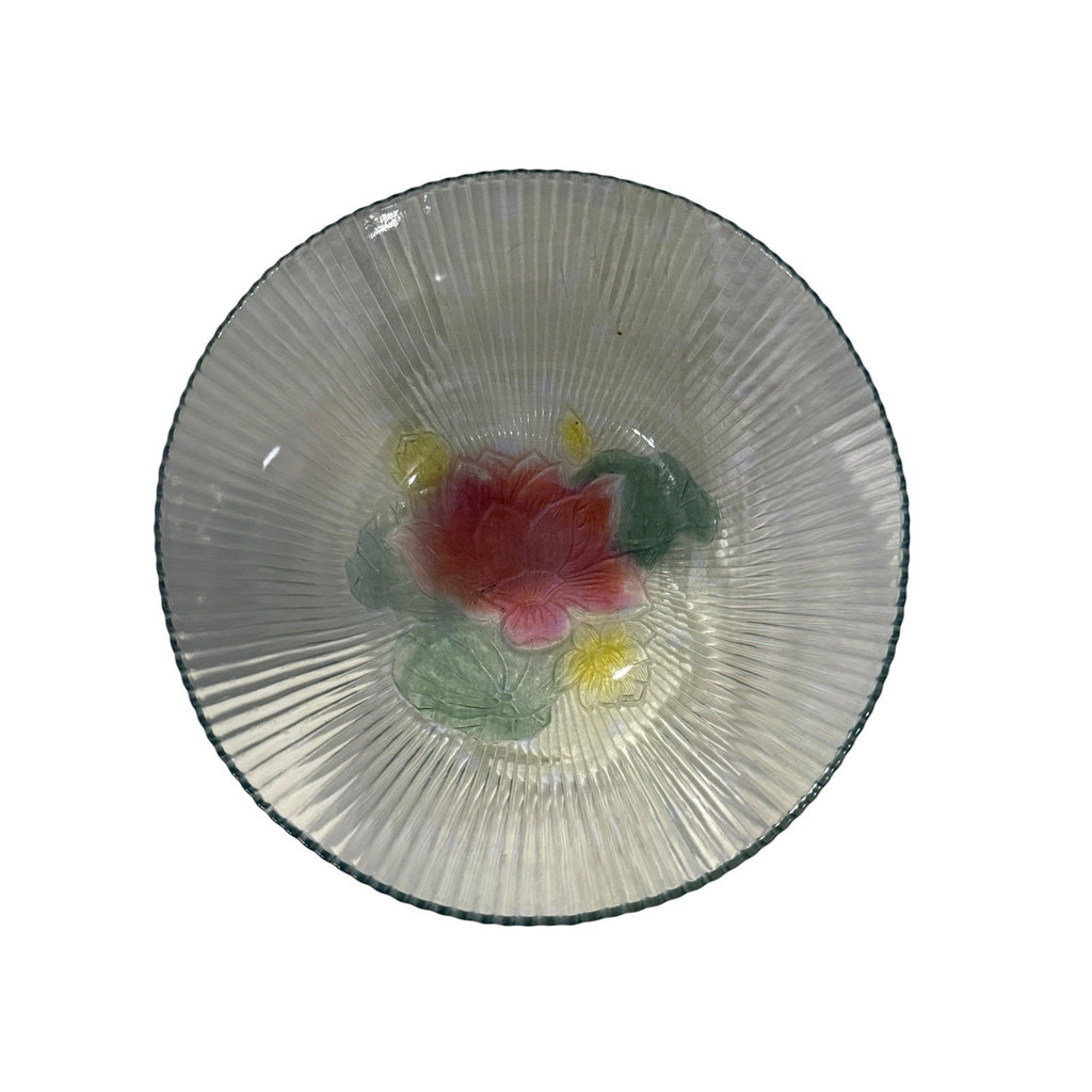 Ribbed Glass Fruit Bowl with Colored Flowers on the Bottom ~ 9.5"