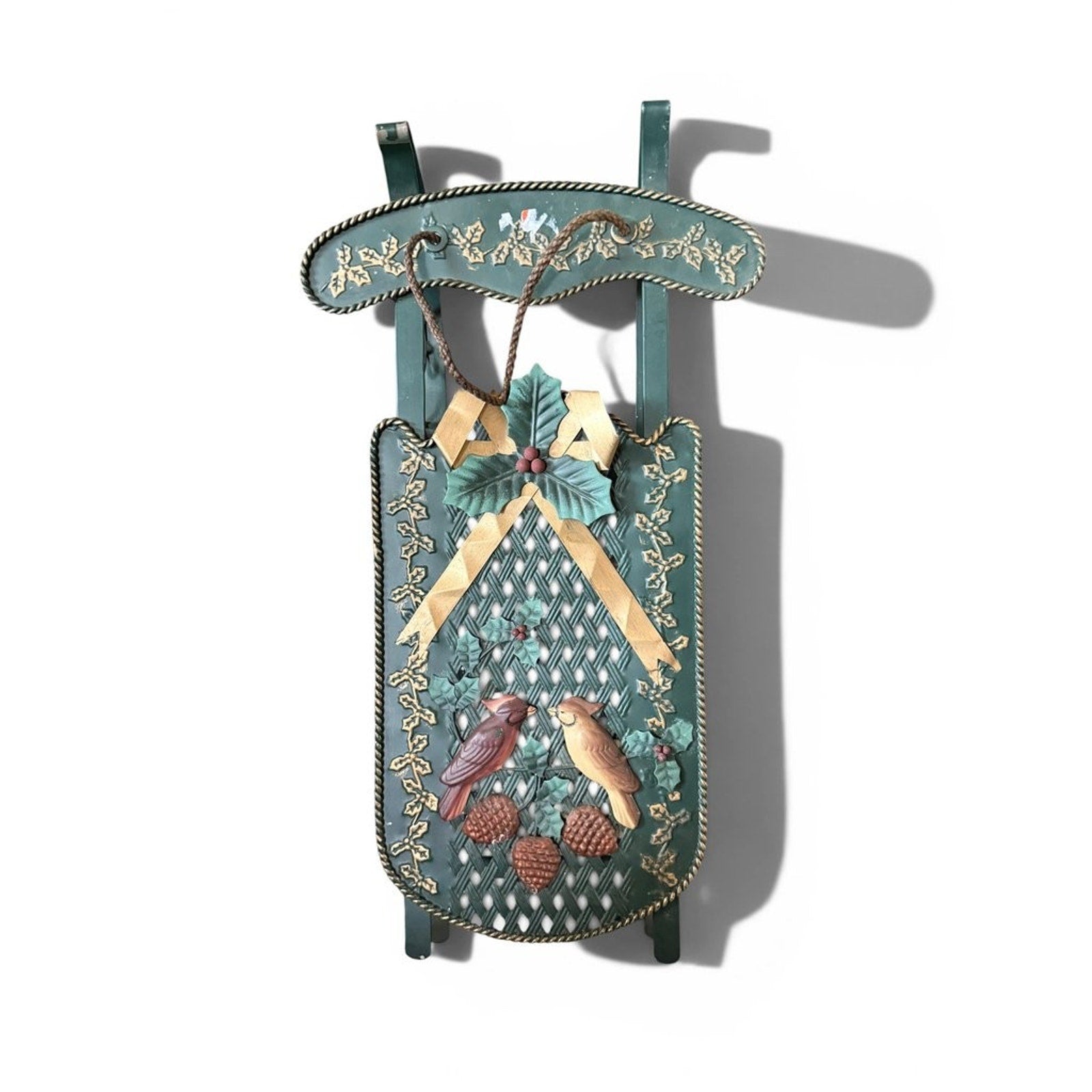 Vintage Decorative Metal Sled with Bird and Pinecone Motif