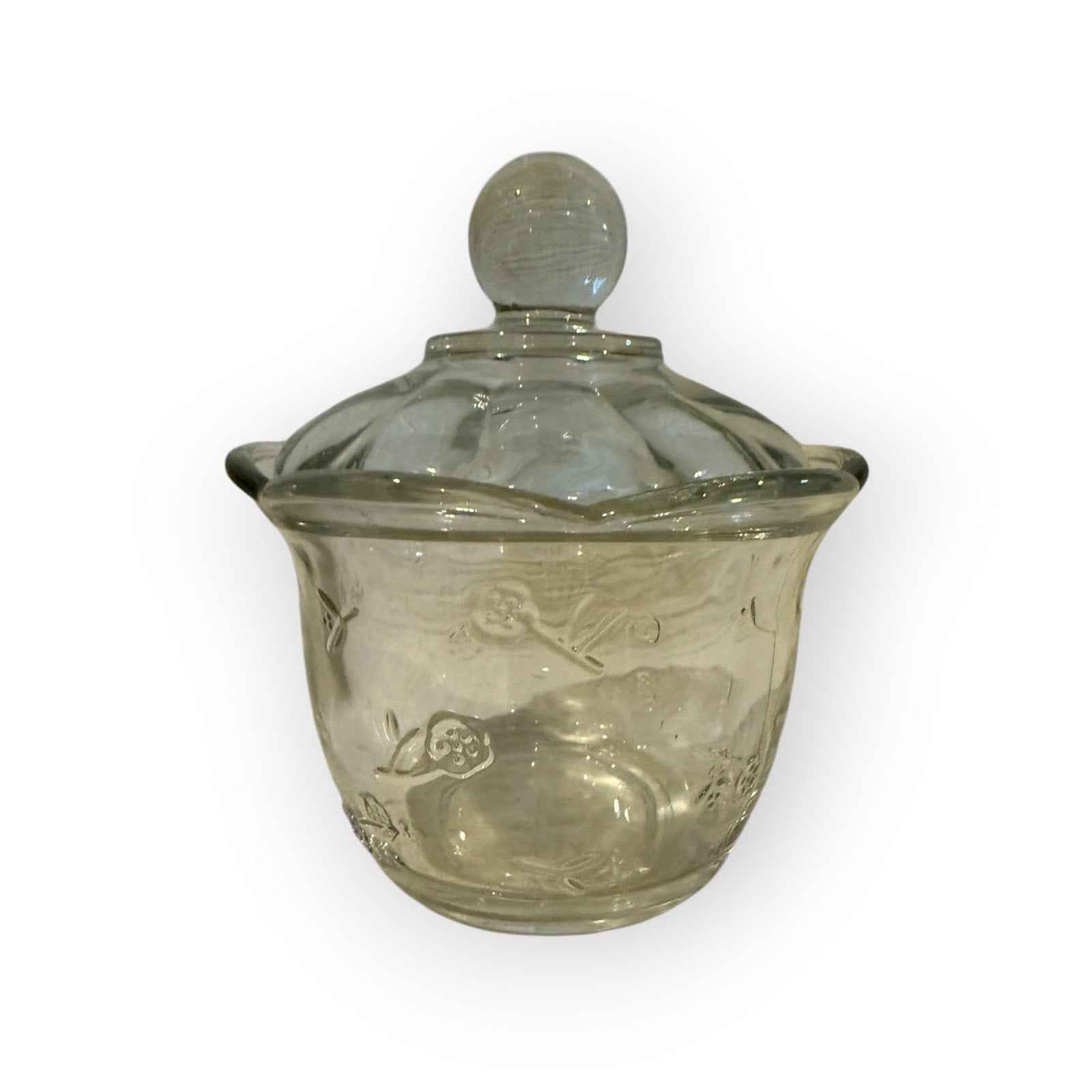 Vintage Anchor Hocking Savannah Clear Glass Sugar Bowl Floral Pattern