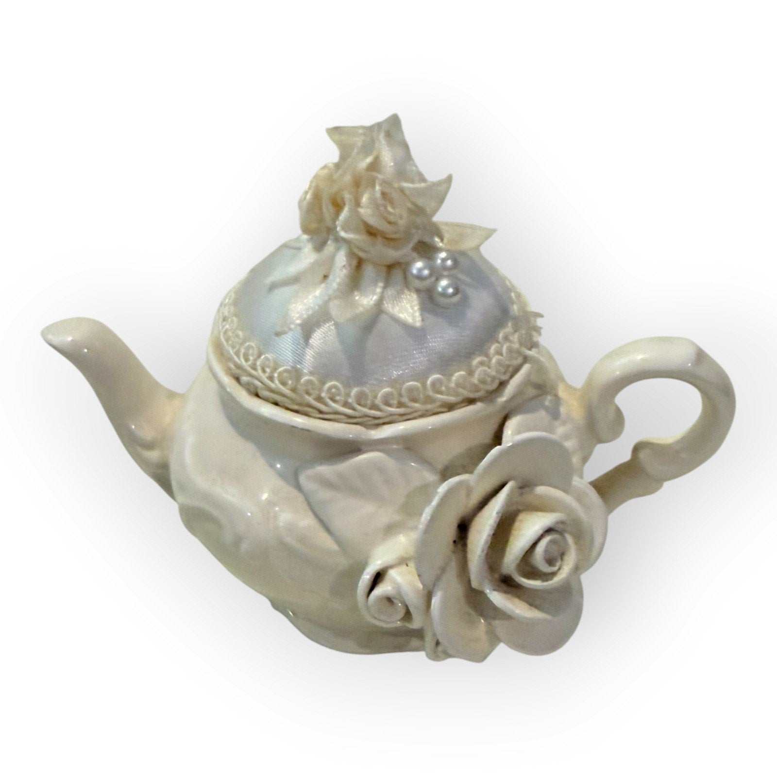 Vintage 1998 Mud Pie Victorian Blanc de Chine Teapot pincushion