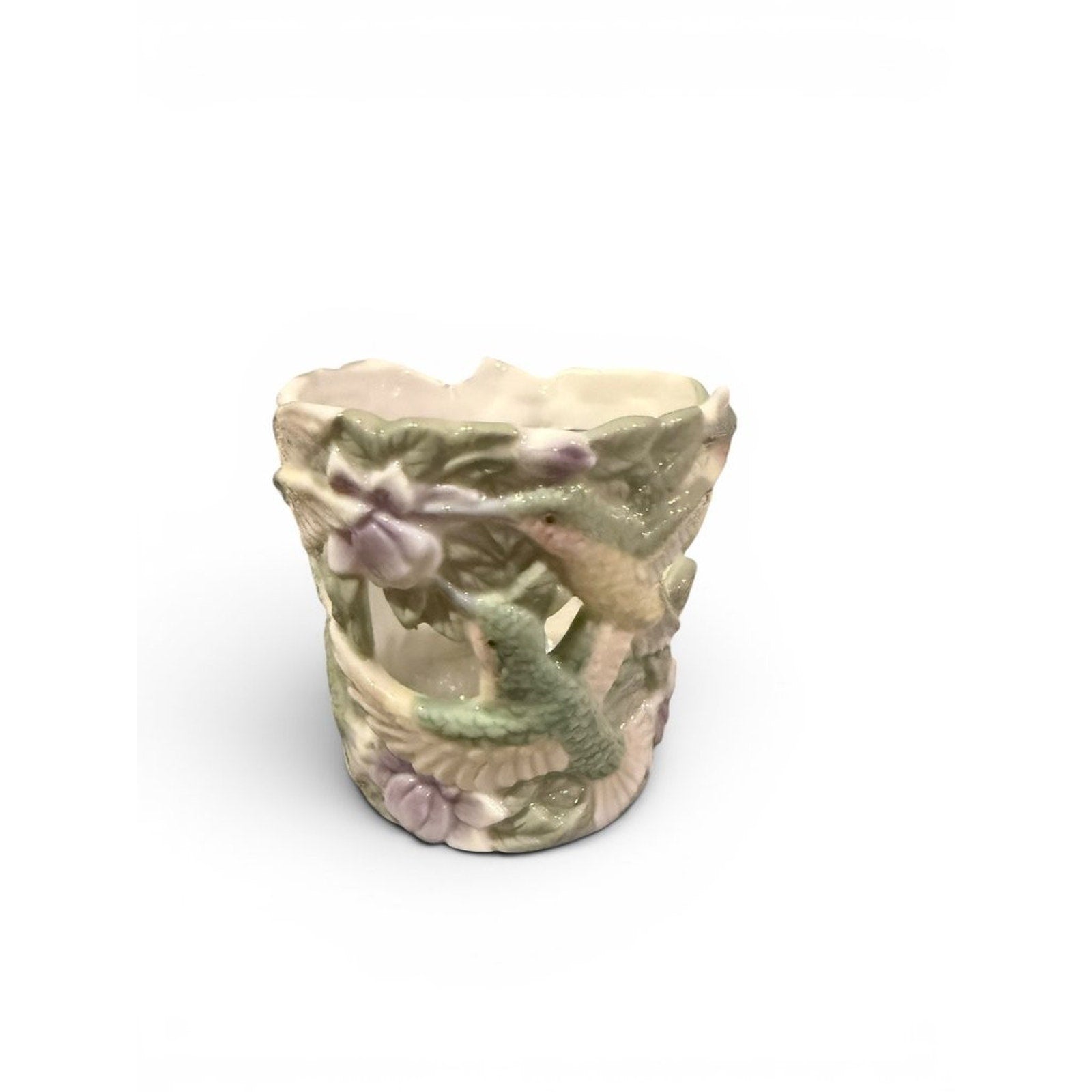 Vintage Ceramic Hummingbird and Floral Votive Holder
