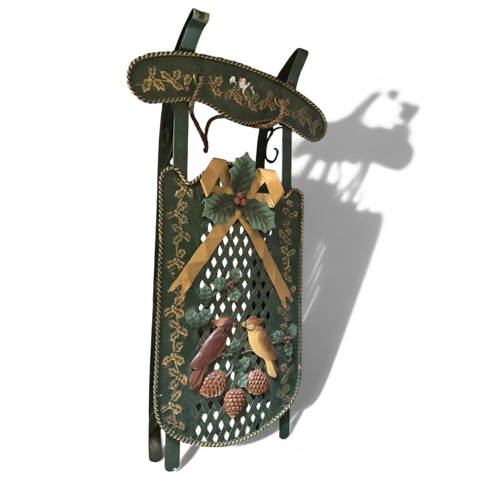 Vintage Decorative Metal Sled with Bird and Pinecone Motif