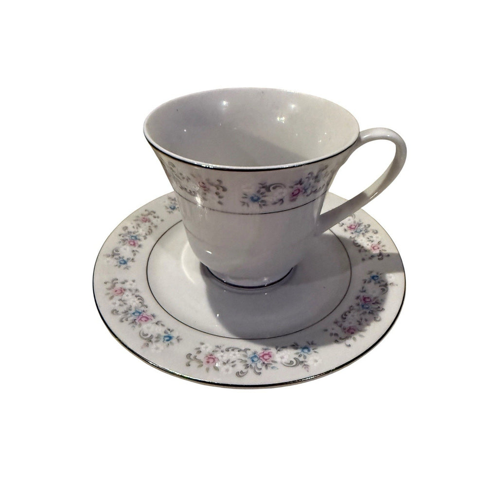 Vintage Dynasty Rapture Pink Blue Flower Silver Rim Fine China Cup Saucer Set