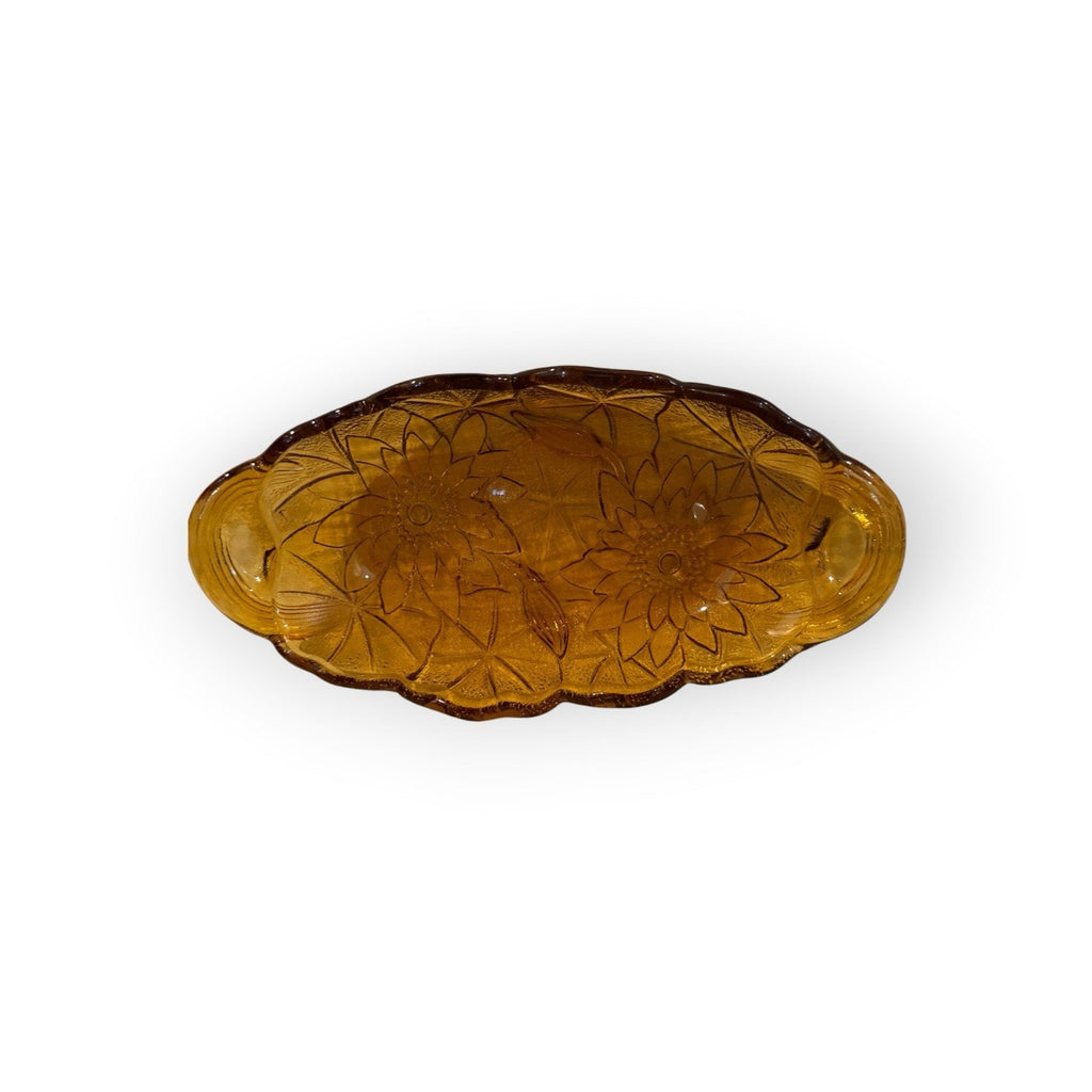 Vintage Indiana Glass Lily Pads Amber Pickle Dish 9 1/2