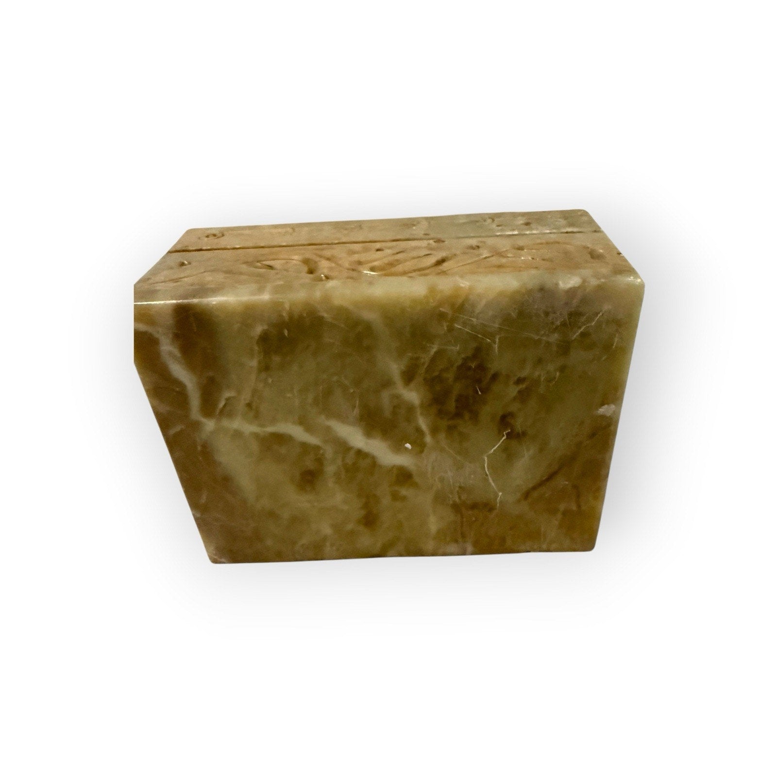 Stone Hinged Lidded Box Chiseled Leaf Motif Cutout Lid 4X3 Soapstone Trinket Box