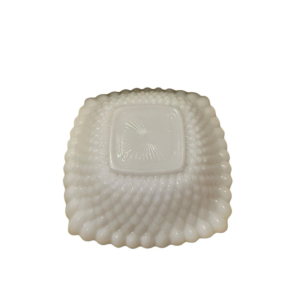 White Milk Glass Square Bowl Scalloped Edge Glossy Finish Decorative