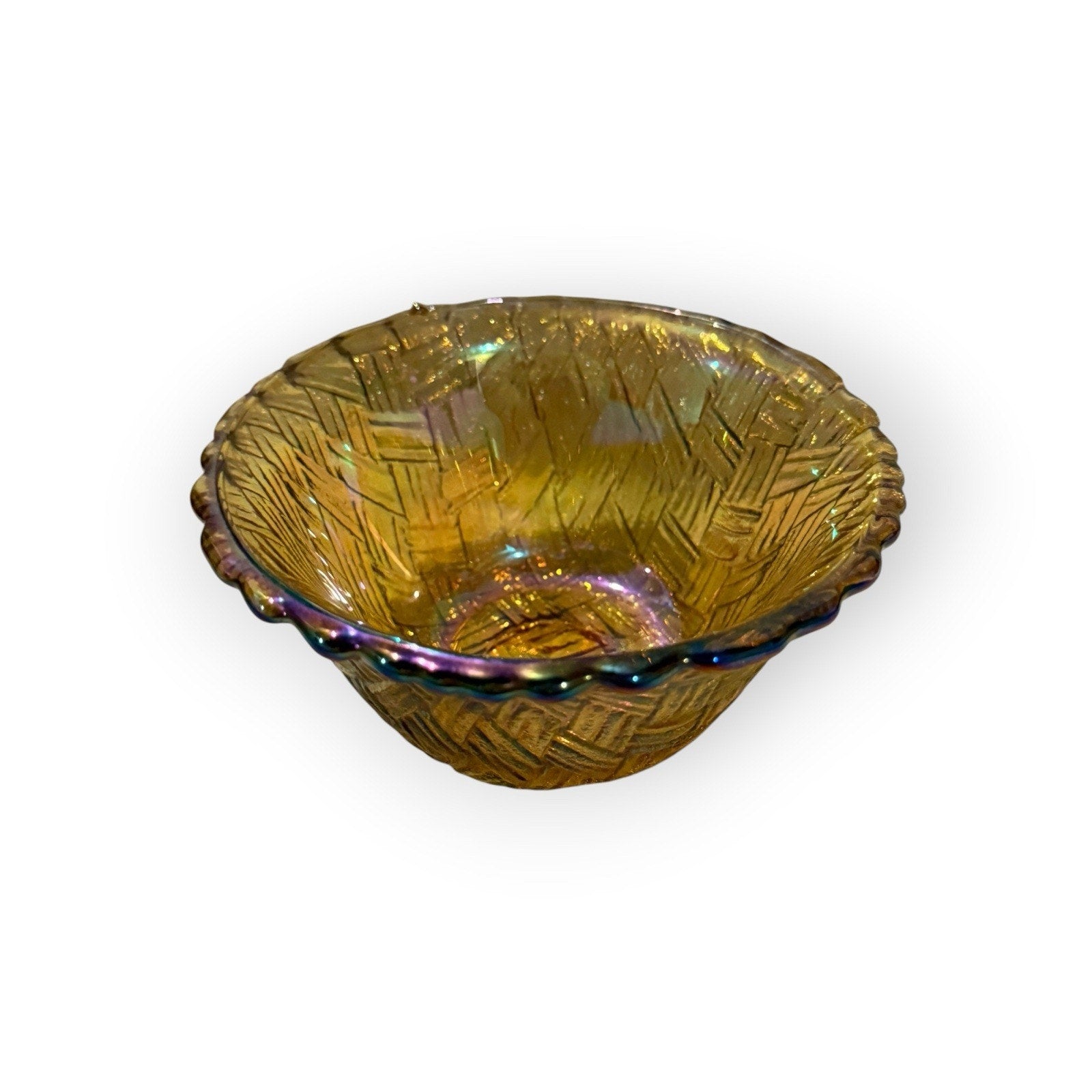 Vintage Indiana Glass Iridescent Amber Carnival Glass Basket Weave Bowl Small