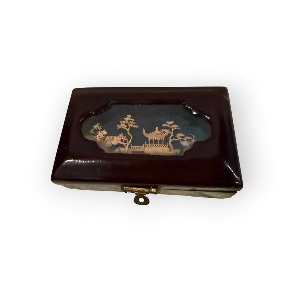 Chinese Handmade Wooden Box Scenic Motif Red Lined Interior 5.5 x 3 x 2 in