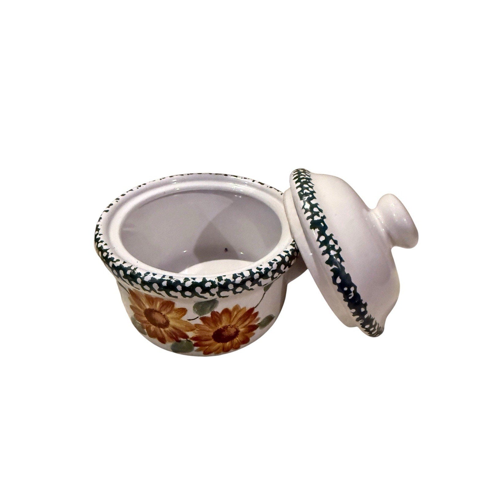 VTG Soup Crock Sunflowers Spongeware Green Handled Lidded Chili Dish Single