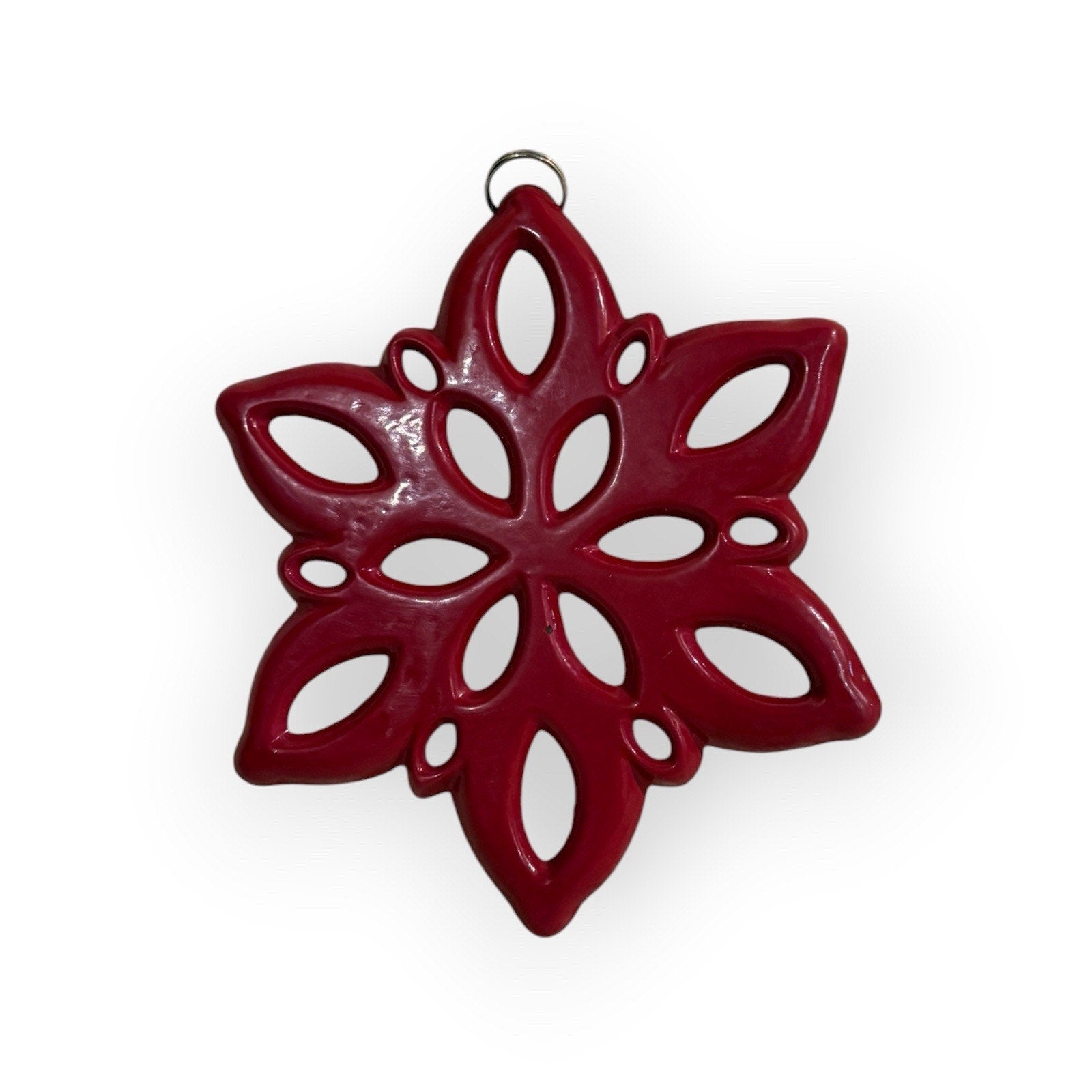 Vintage Cast Iron Snowflake Trivet Red Enamel Glazed Hangable Kitchen Decor