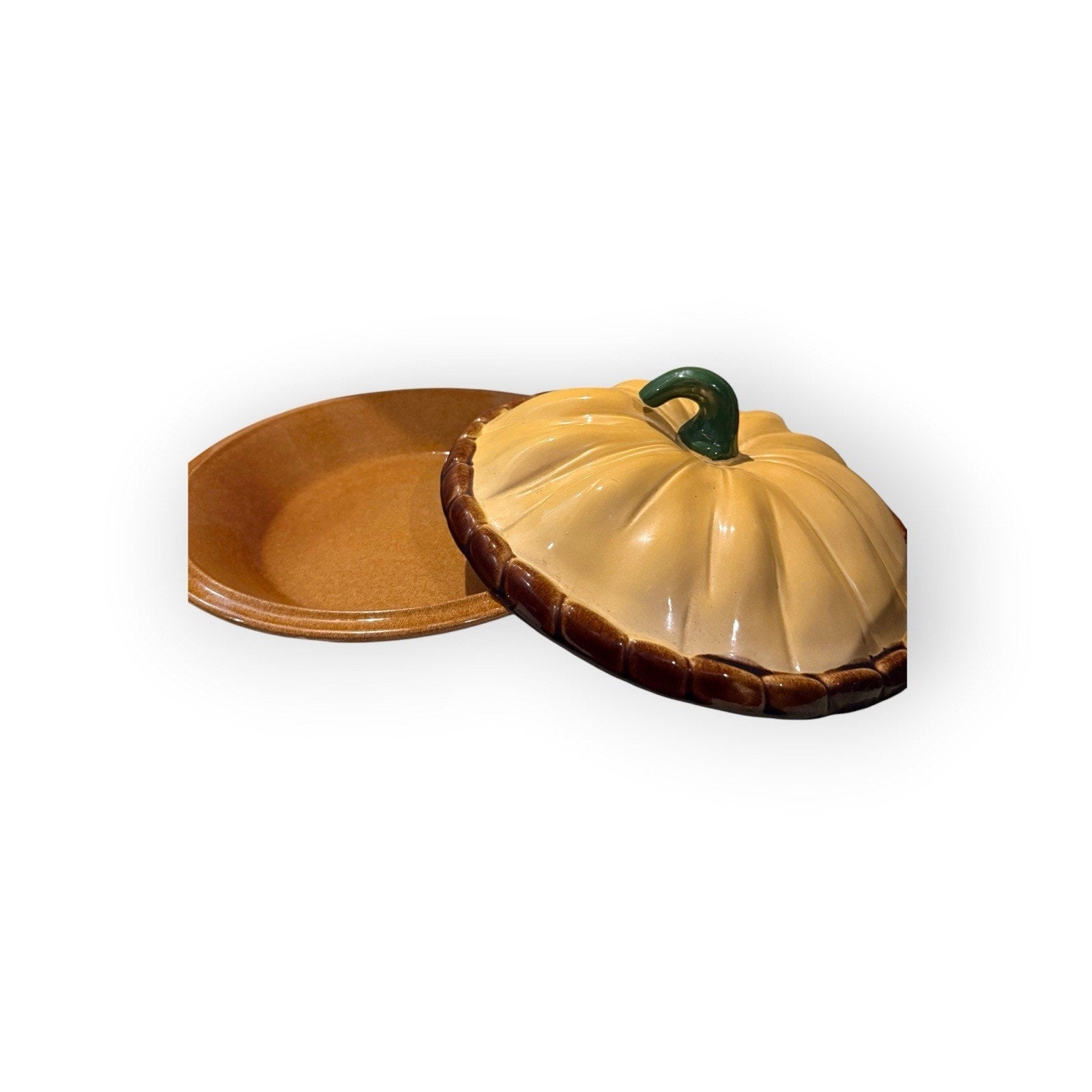 Vintage Ceramic Pumpkin Pie Dessert Plate with 12" Lid Round Made In Portugal