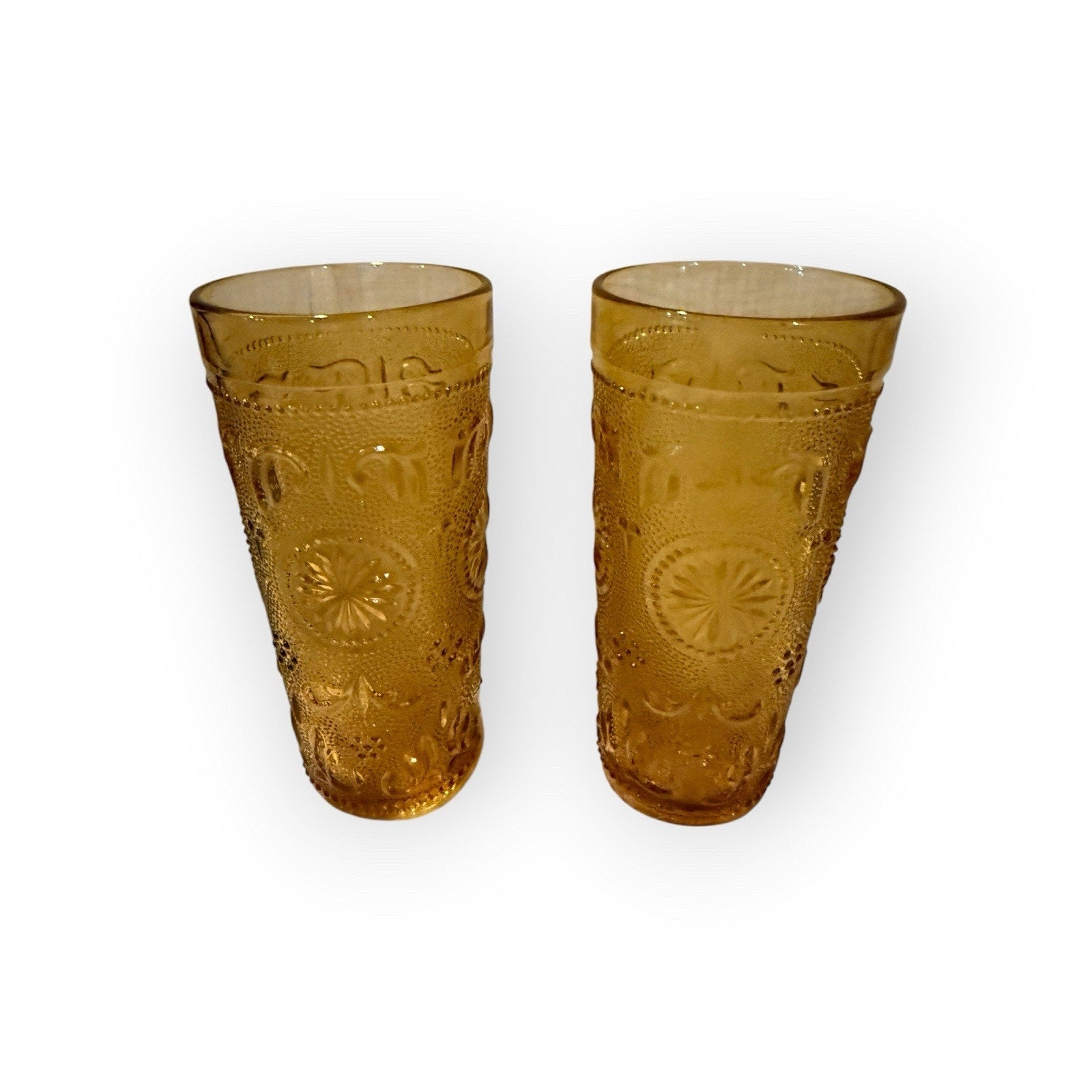 2 Vintage Amber Glass American Concord Brockway Daisy Tiara Tumblers MCM