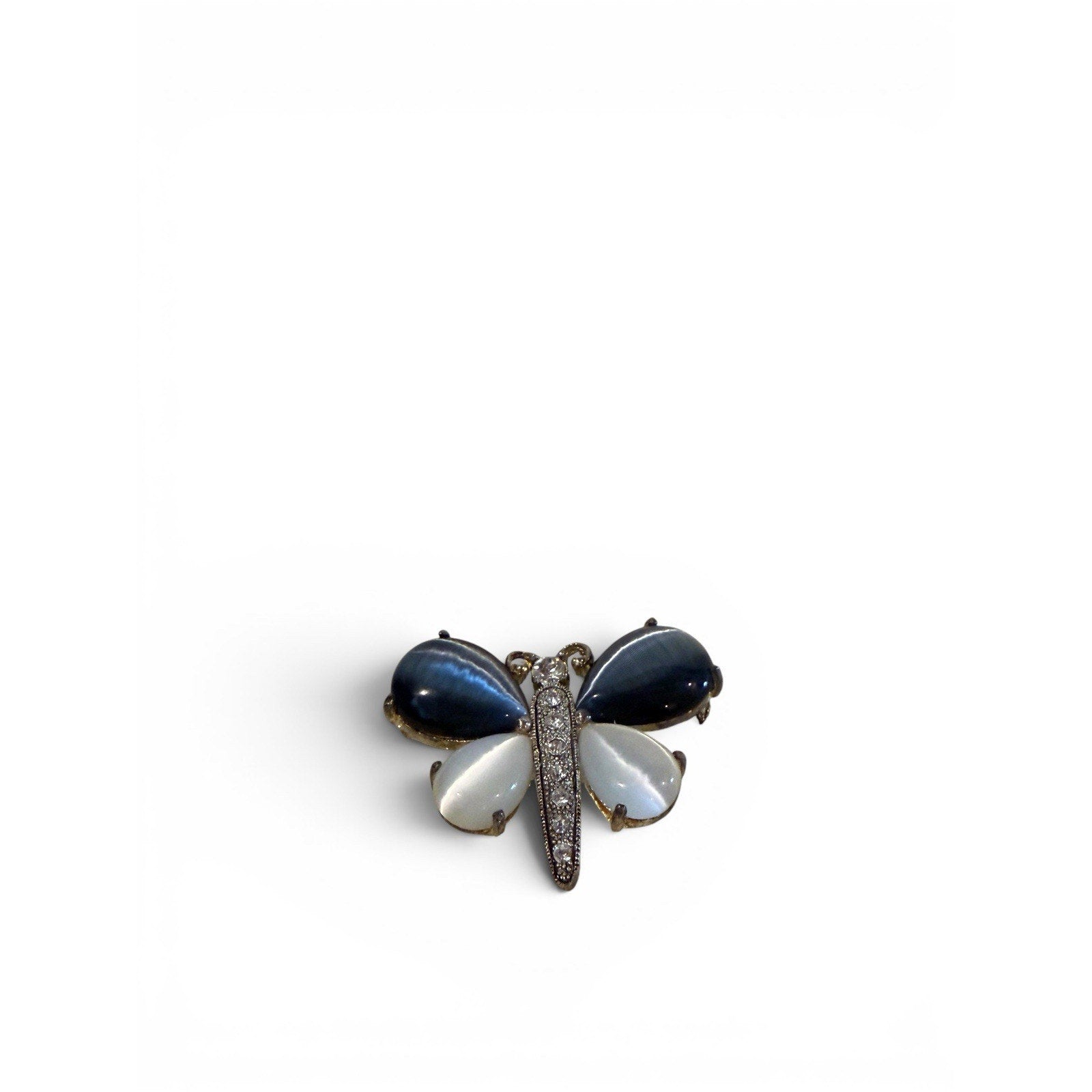 Vintage Blue / White Butterfly Brooch With White Rhinestones 2” E12