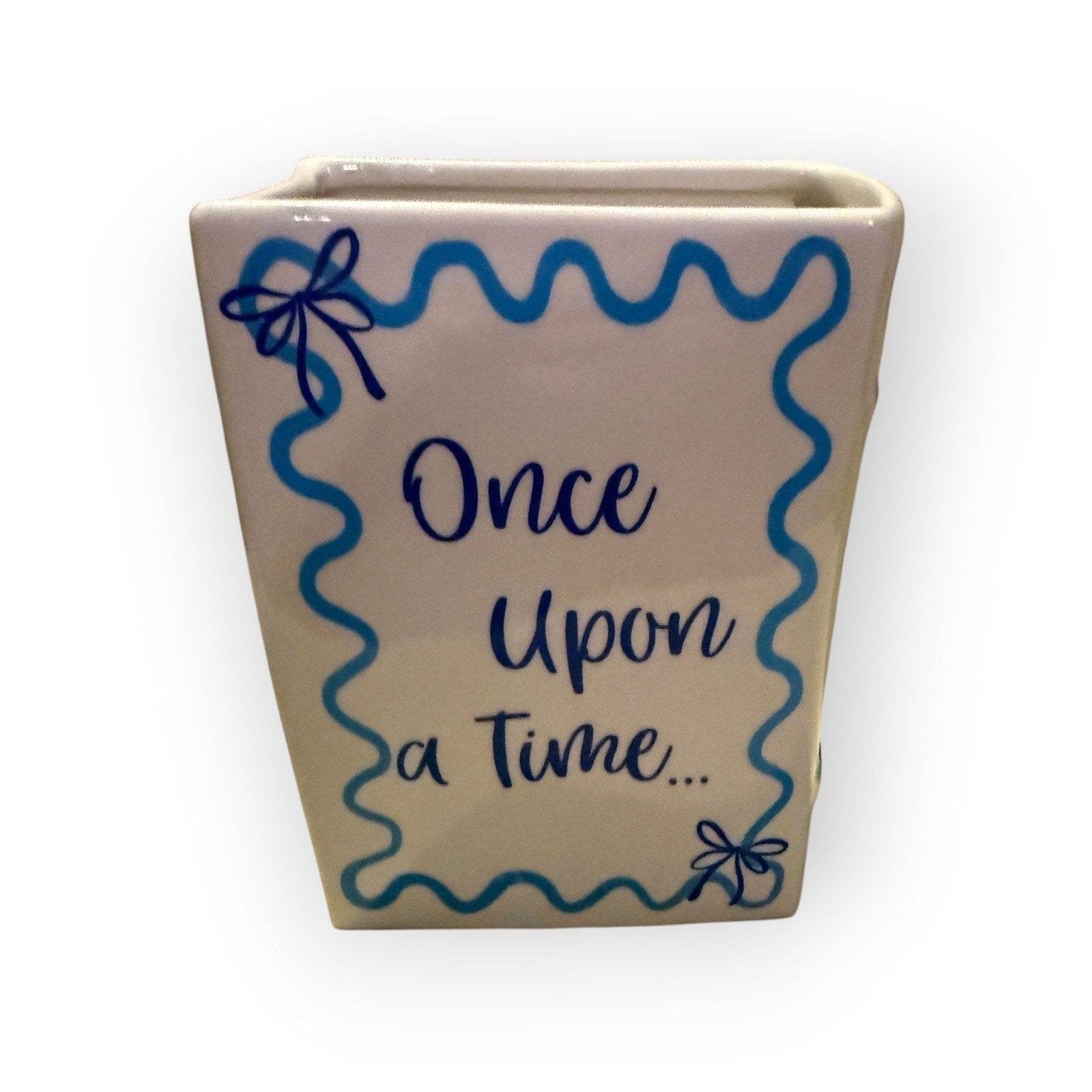White & Blue Glossy Ceramic Rectangular Flower Vase "Once Upon a Time" Text