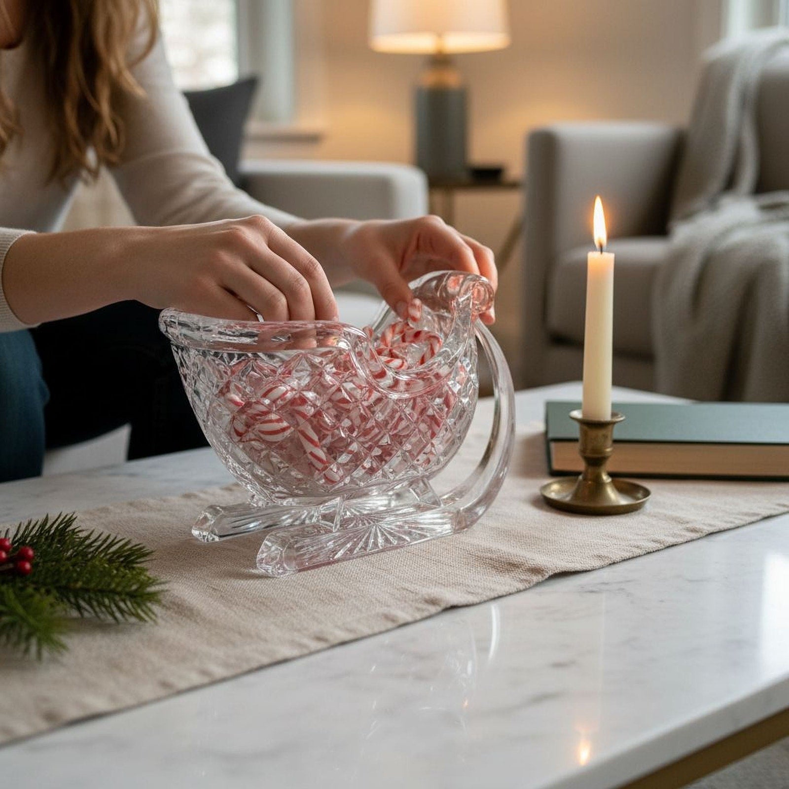 Vintage Lead Crystal Clear Glass Diamond Cut Sleigh Candy Dish - 8 Inch Centerpiece
