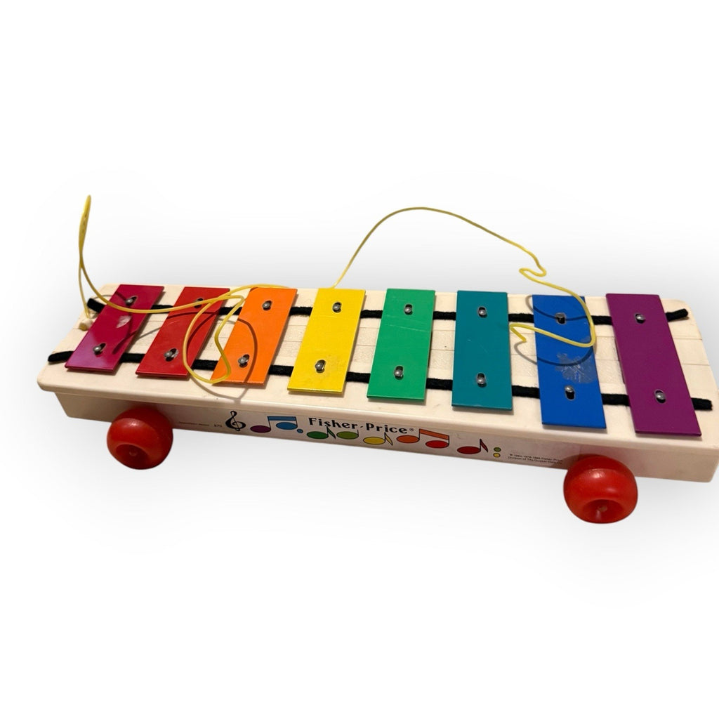 Fisher Price #870 Pull A Tune Xylophone Vintage 1978 Wood Plastic Wheels String