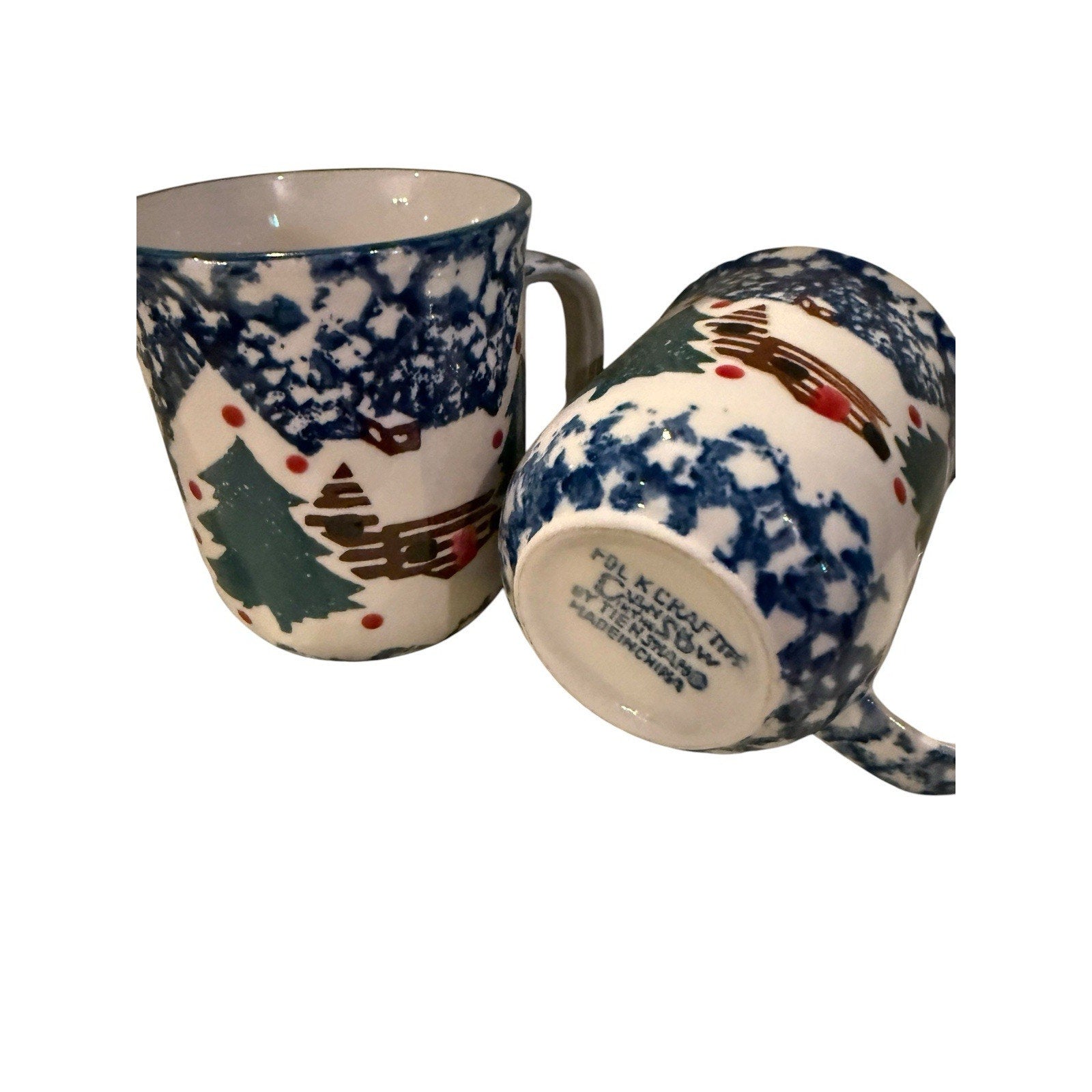 Tienshan Folk Craft Cabin In The Snow 2 Coffee Mugs Spongeware Christmas Cups