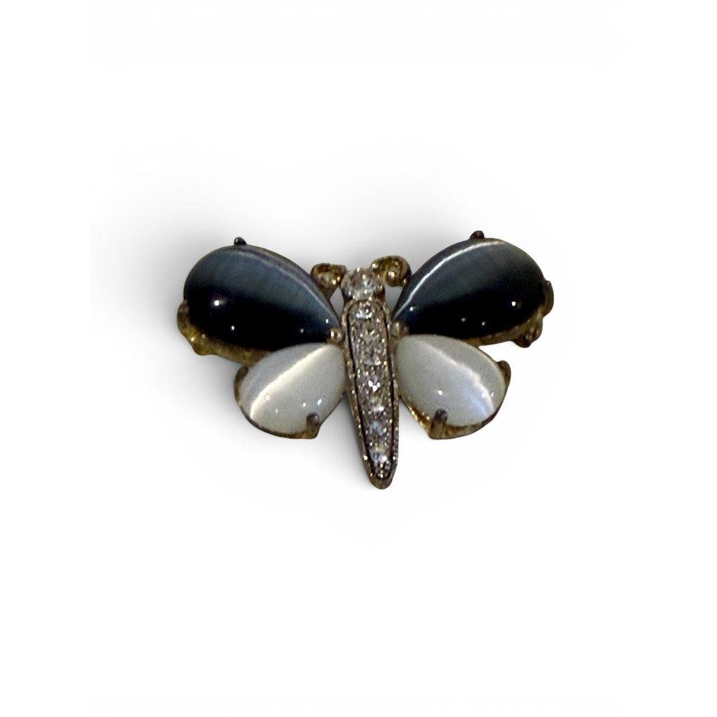 Vintage Blue / White Butterfly Brooch With White Rhinestones 2” E12