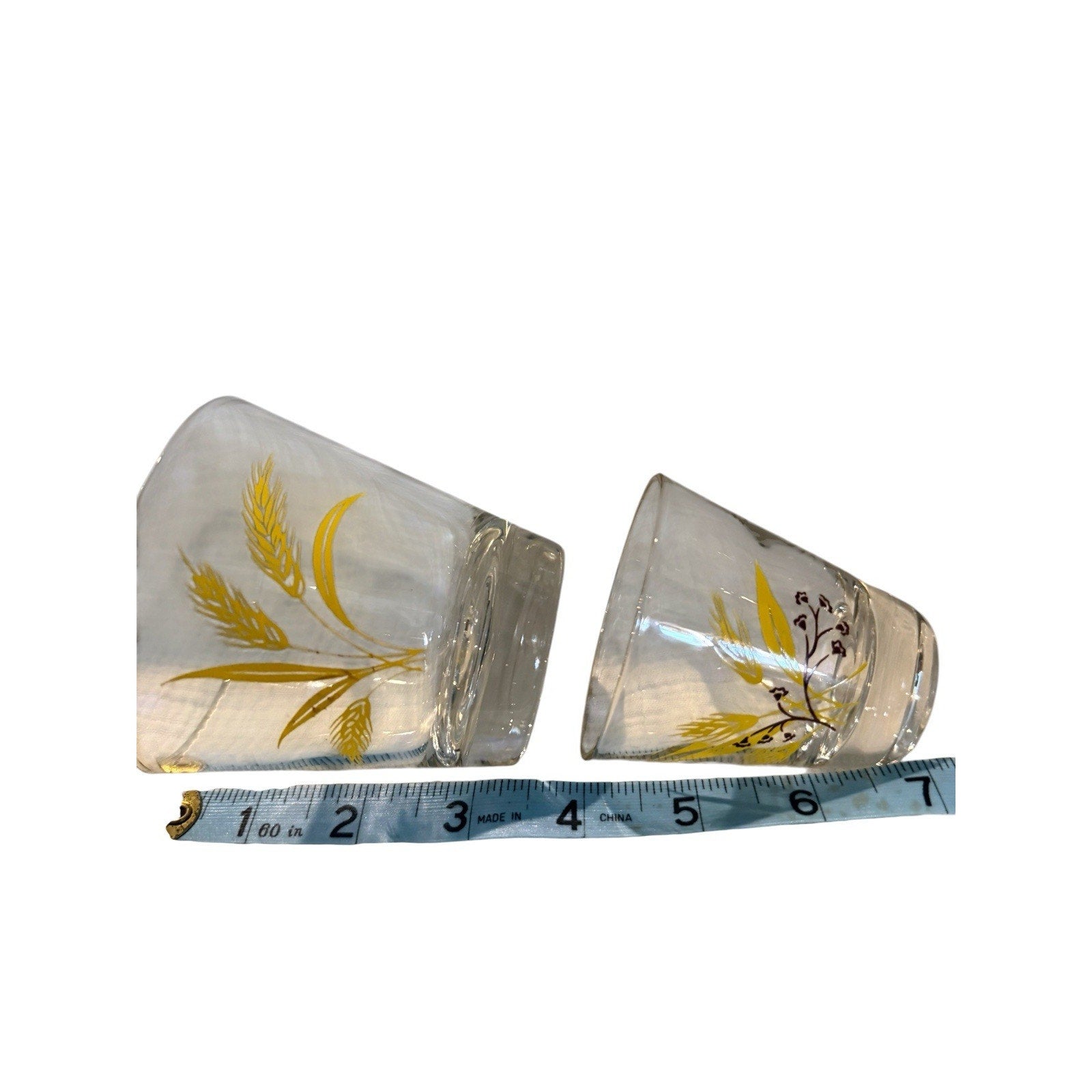 MCM Homer Laughlin Whiskey & Shot Glass Yellow Brown Gold Rim Wheat Design 2 pcs