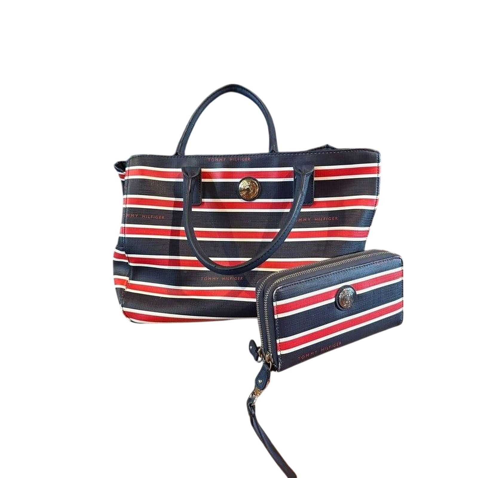 Tommy Hilfiger Purse - Navy Canvas Satchel With Gold Hardware & Zip Closure