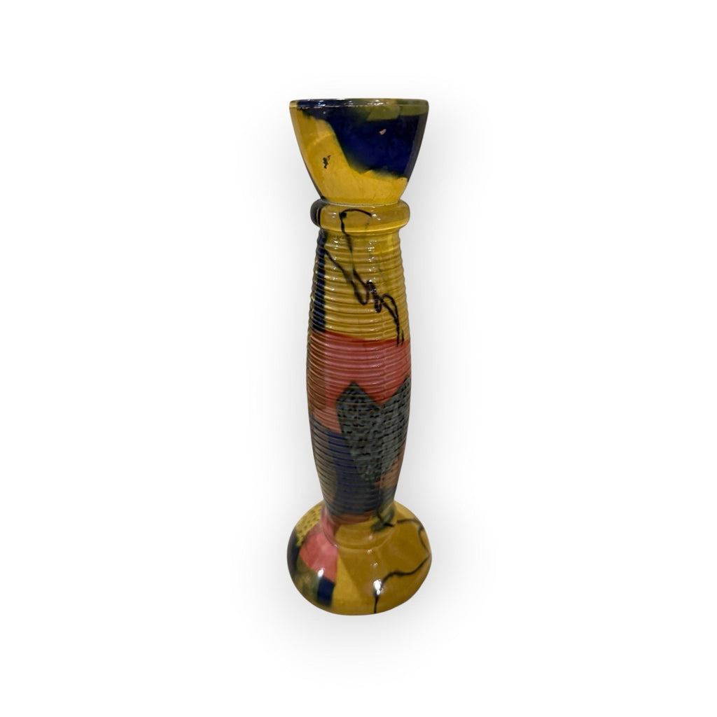 Colorful Hand Painted Art Glass Vase/Candlestick, Yellow, Green, Red & Blue 7.5”