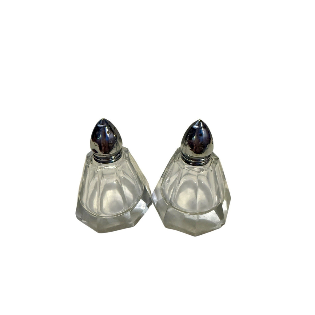 Rare Mid Century Crystal Glass Salt And Pepper Shakers With Elaborate Metal Tops
