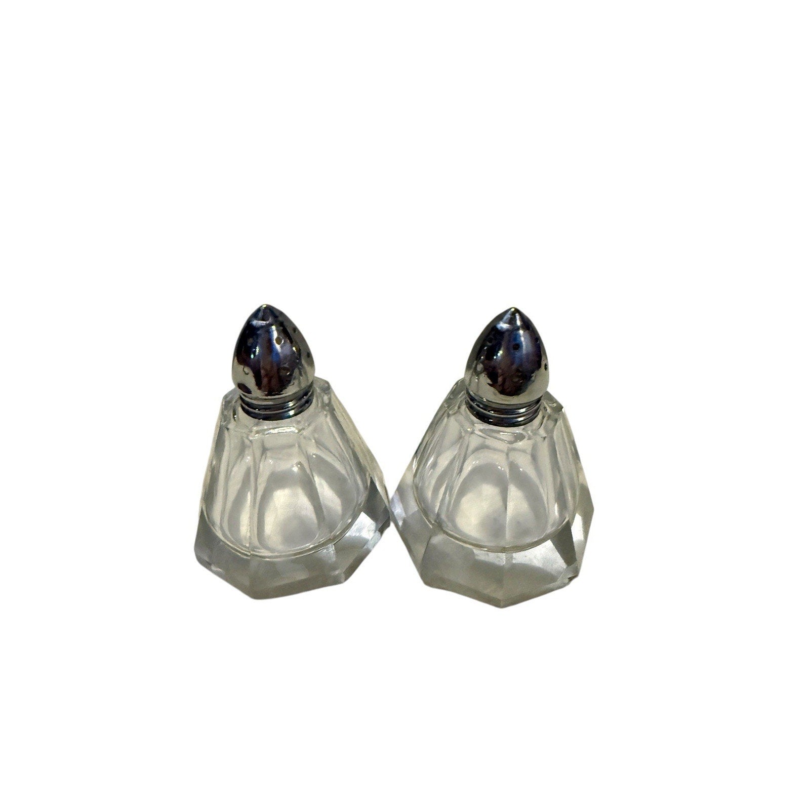 Rare Mid Century Crystal Glass Salt And Pepper Shakers With Elaborate Metal Tops