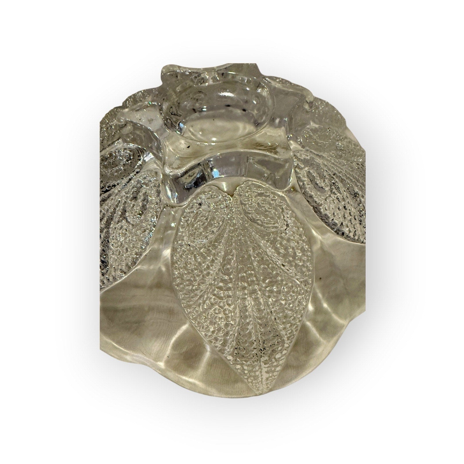 Indiana Glass Clear Trinket Dish, Vintage Leaf Design Candy Bowl, Centerpiece