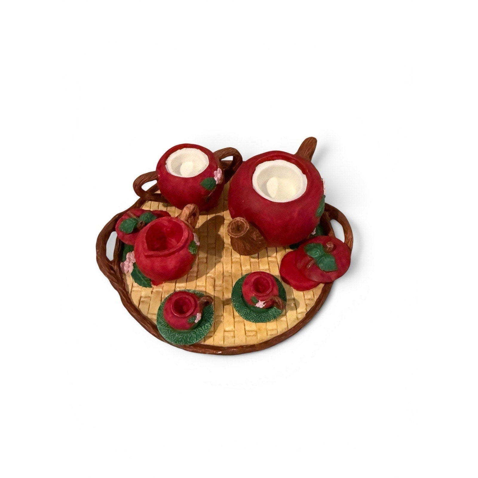 VTG Miniature Apple Tea Set Woven Wicker Look Round Tray Design FREE SHIPPING